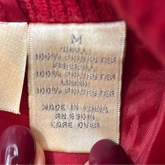 RED Puffer Vest womens M Pockets Sleeveless Jacket RIBBED BAND NECK M cinch Ties - Picture 12 of 16